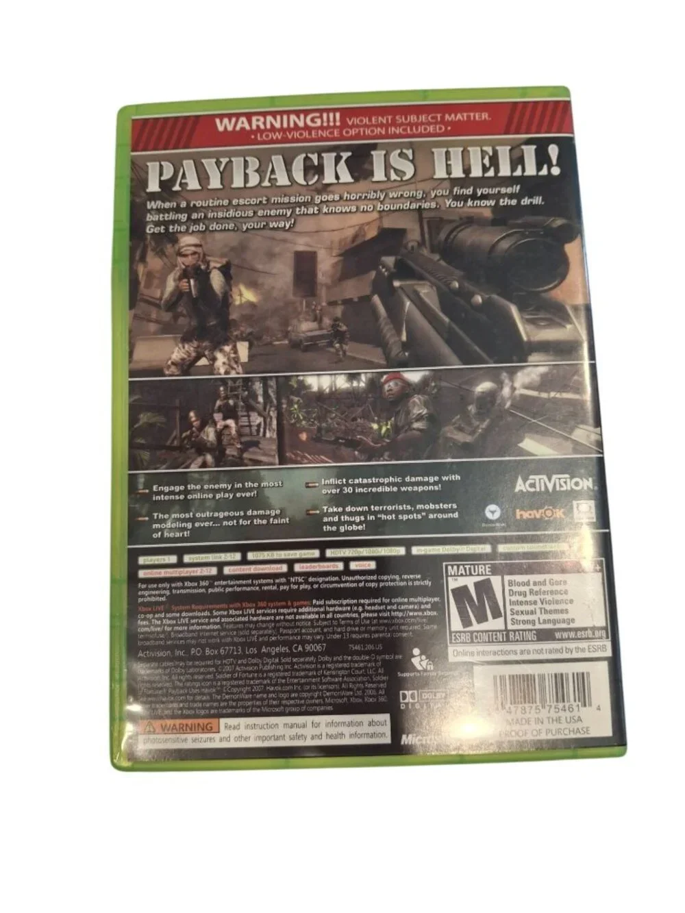 Soldier of Fortune Payback Xbox 360 2007 Activision FPS Shooter Mature